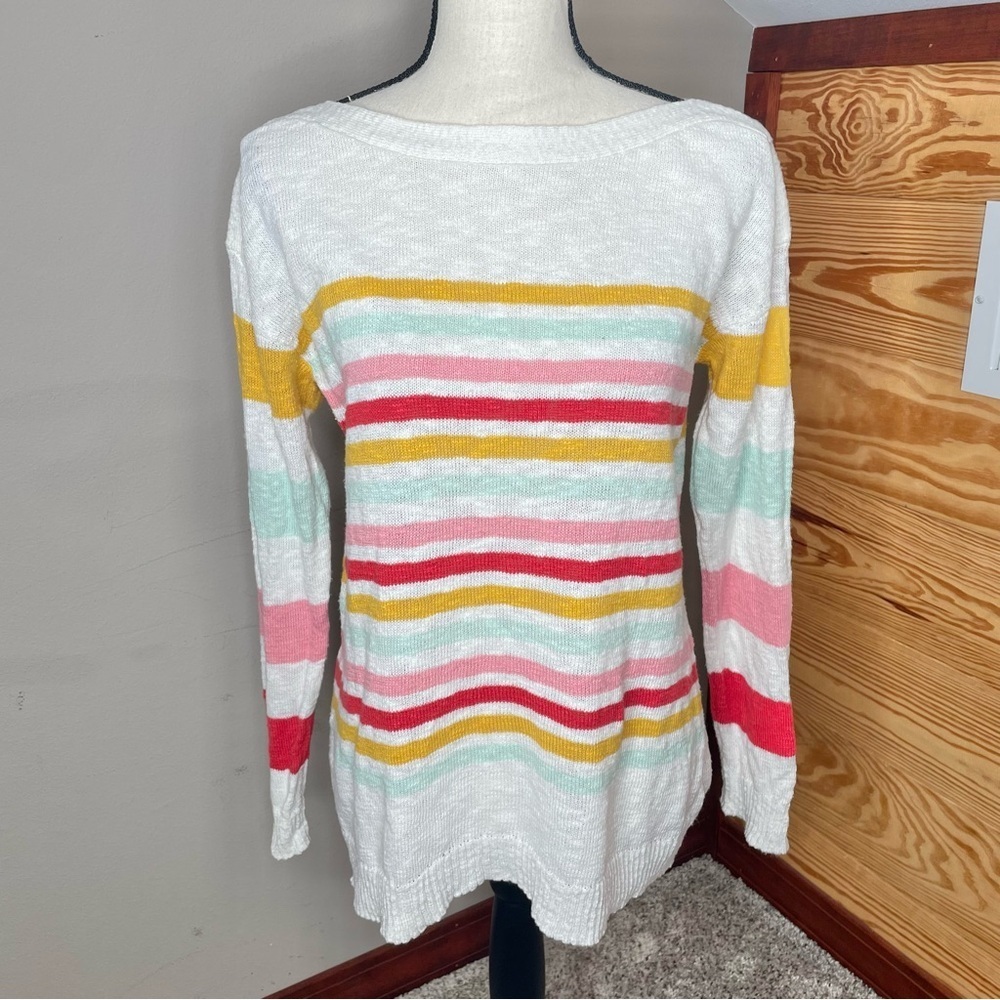 Talbots Slub Boatneck Pullover Sweater Beachy Stripe Medium White Multicolor - Picture 2 of 8